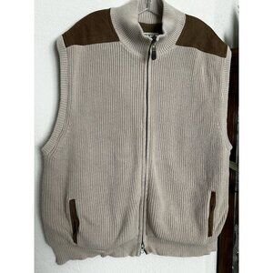 Orvis Vest Mens 2XL Beige Brown Full Zip Cable Knit Suede Trim Field Hunting XXL
